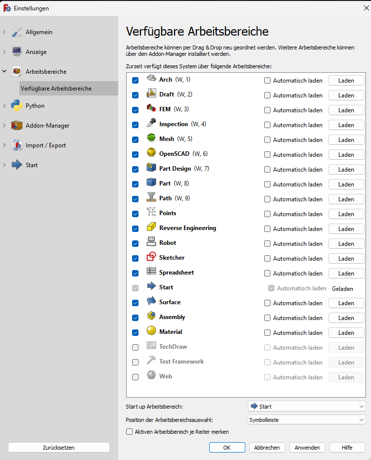 verfügbare Arbeitsbereiche Screenshot verfügbare Arbeitsbereiche