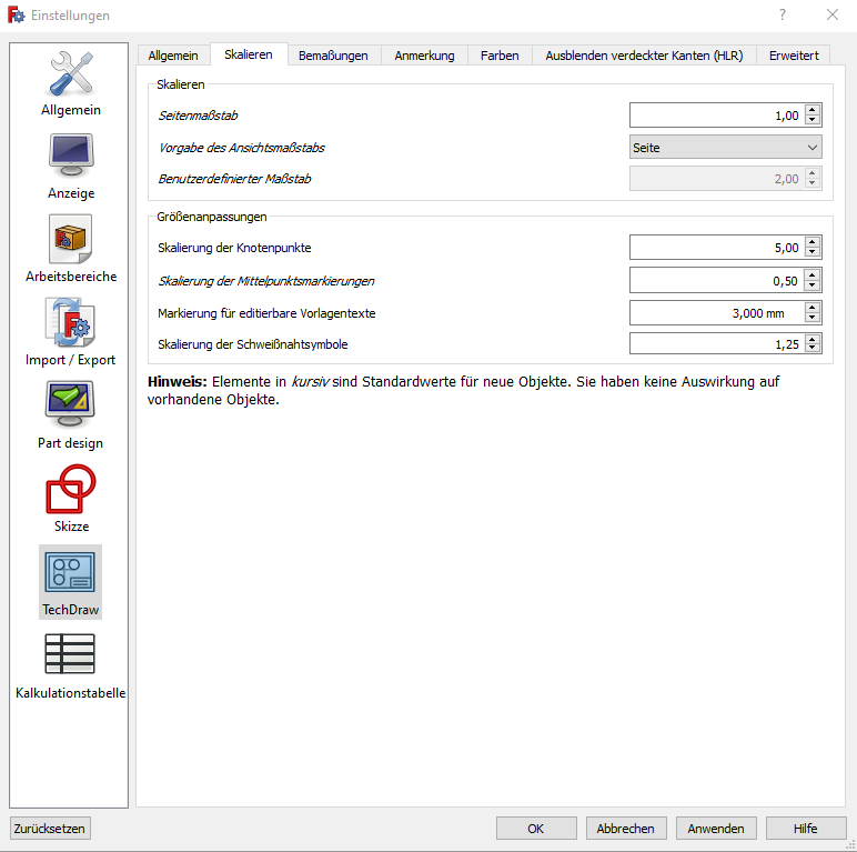 Einstellungen von TechDraw Screenshot der TechDraw-Einstellungen