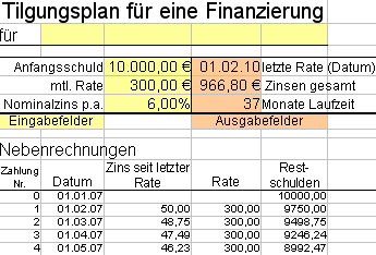 Übung Tilgungsplan Screenshot