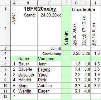 vorbereitete Notenliste Screenshot