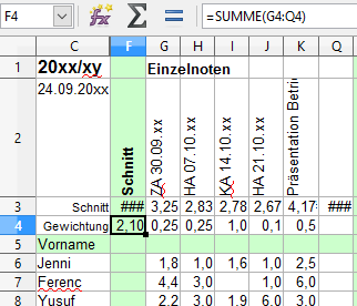 Gewichtungsfaktoren und ihre Summe Screenshot