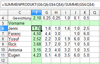 Notenschnitt mit Gewichtungsfaktoren Screenshot