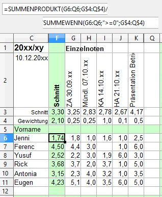 fertige Formel zur Notenberechnung Screenshot