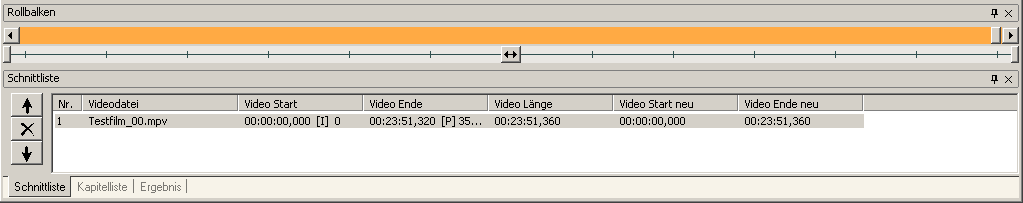 Rollbalken und Schnittliste bei Cuttermaran Screenshot:Rollbalken und Schnittliste bei Cuttermaran