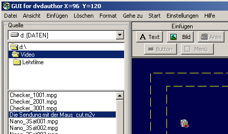 Datei hinzufügen im Programm GUI for dvdauthor Screenshot des Programmes GUI for dvdauthor