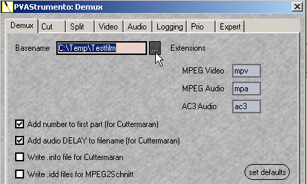 Einstellungen zum Demuxen bei PVAStrumento Screenshot: Einstellungen zum Demuxen bei PVAStrumento
